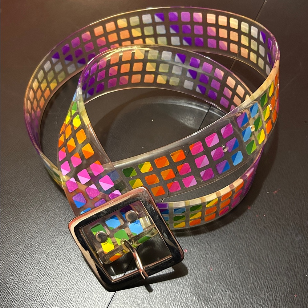 VINTAGE Clear PVC Jelly Belt Metal Buckle Rainbow Squares Disco Y2K